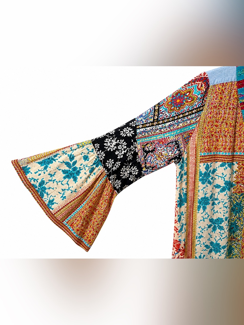 Calessa Patchwork Boho Tunic Top Bell Sleeve Embroidered Women’s Large - Picture 3 of 5